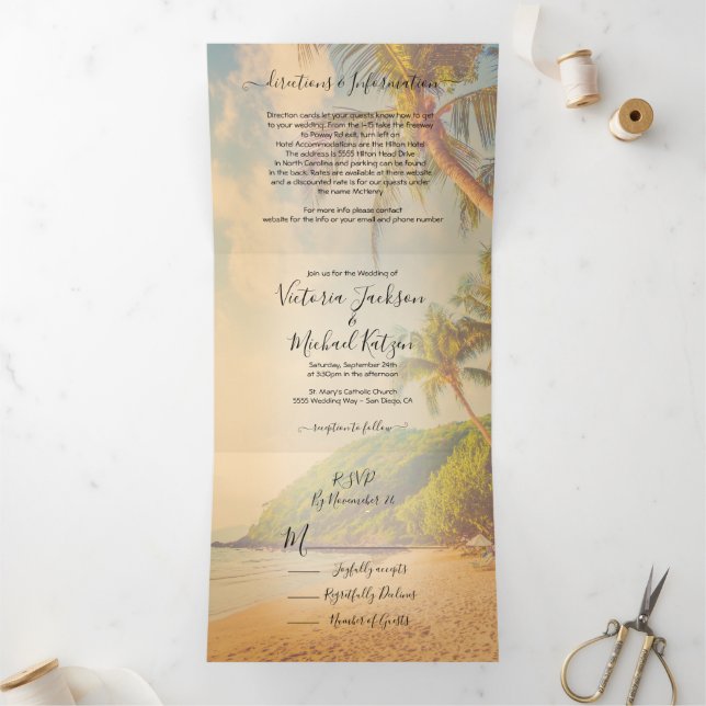 Invitación Tríptica Boda de palmeras tropicales de playa triple plegad (Interior)