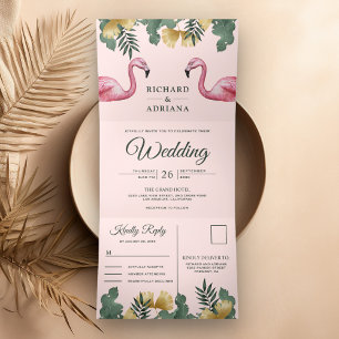 Invitación Tríptica Boda de pareja de flamenco rosa Tropical Palm Blus