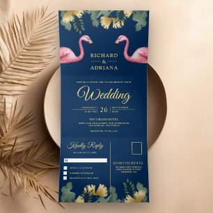 Invitación Tríptica Boda de Pareja de Flamencos Azules Navales de Palm