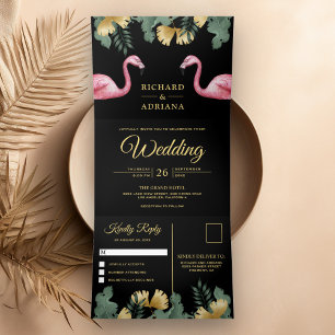 Invitación Tríptica Boda de pareja de flamencos negros de palma tropic