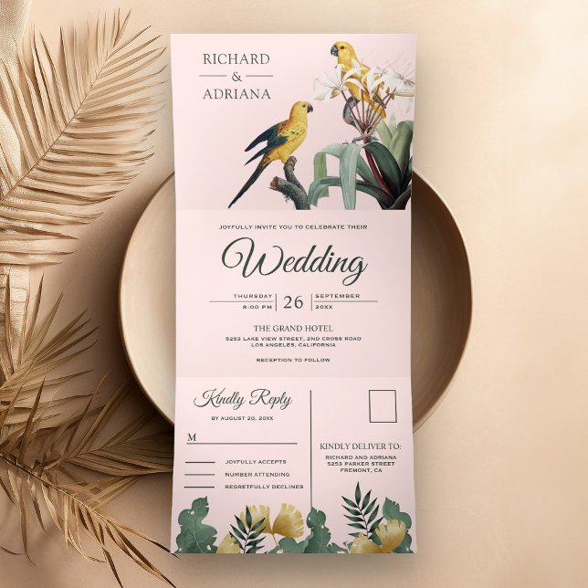 Invitación Tríptica Boda de pareja de loro amarillo rosado de Rubor tr (Subido por el creador)