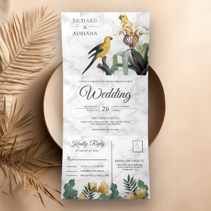Invitación Tríptica Boda de Pareja de Loros Amarillos con Mármol Blanc