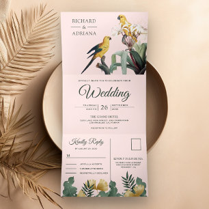 Invitación Tríptica Boda de pareja de loros amarillos y rosados con to