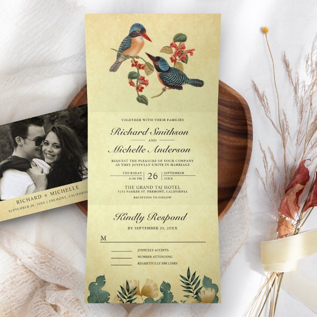 Invitación Tríptica Boda de Pareja de Pájaros Románticos Rústicos Vint (Subido por el creador)
