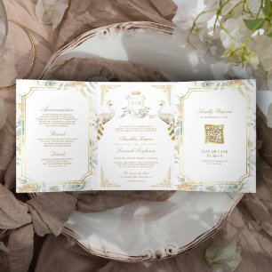 Invitación Tríptica Boda de Pavo Real Blanco Real Indio Corona de Oro