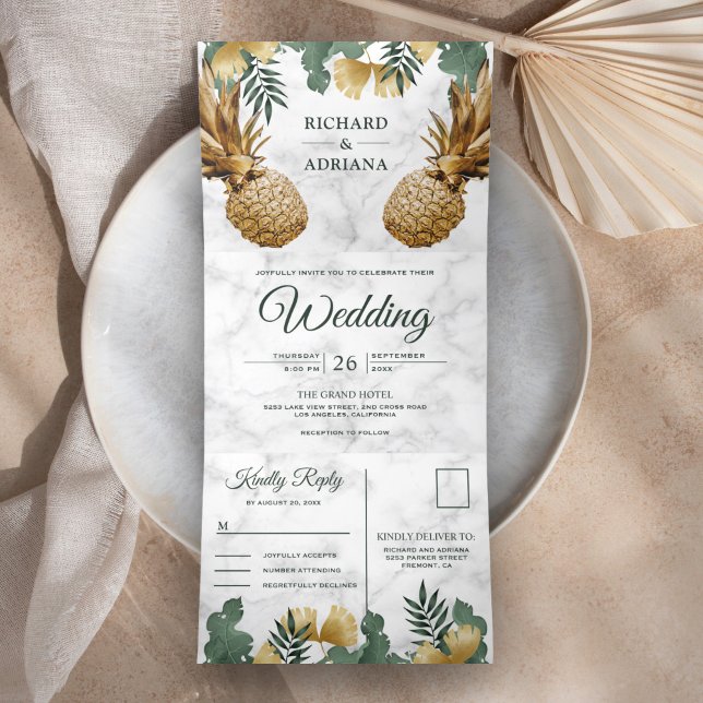 Invitación Tríptica Boda de piña de oro de mármol blanco y palma tropi (Subido por el creador)