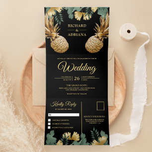 Invitación Tríptica Boda de piña de oro negro palmo tropical