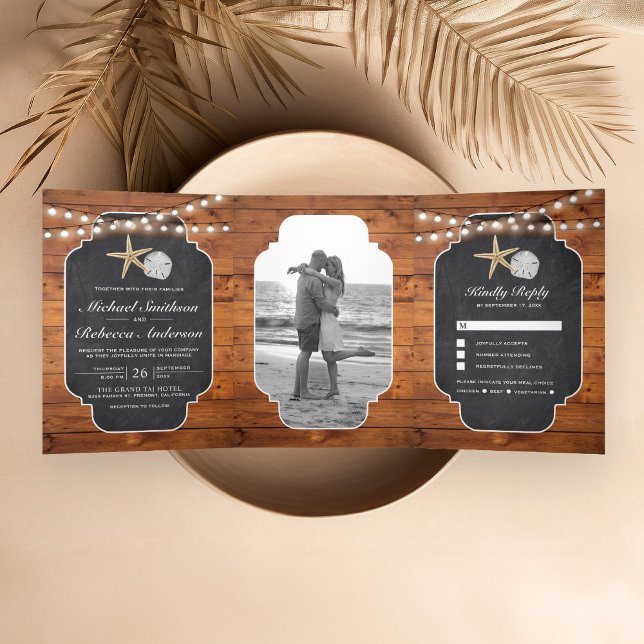 Invitación Tríptica Boda de playa con estrella de mar y dólar de arena (Subido por el creador)