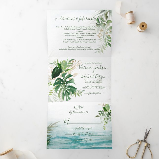 Invitación Tríptica Boda de playa de hojas tropicales (Interior)