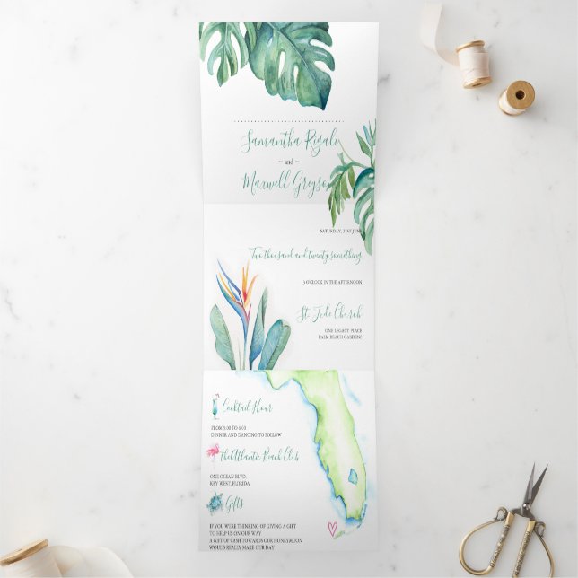 Invitación Tríptica Boda De Playa Tropical En Florida (Interior)