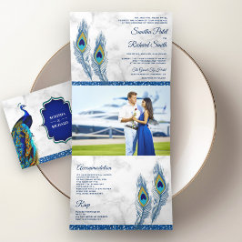 Invitación Tríptica Boda de plumas de pavo real azul de mármol blanco 