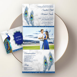 Invitación Tríptica Boda de plumas de pavo real azul de mármol blanco 