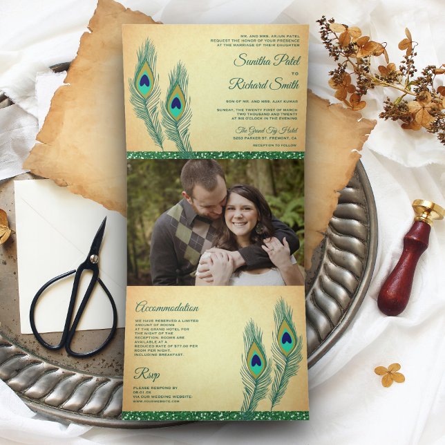 Invitación Tríptica Boda de Plumas de Pavo Real Verde Rústico Indio (Subido por el creador)