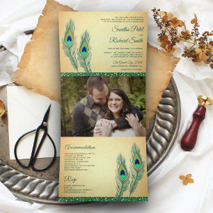 Invitación Tríptica Boda de Plumas de Pavo Real Verde Rústico Indio