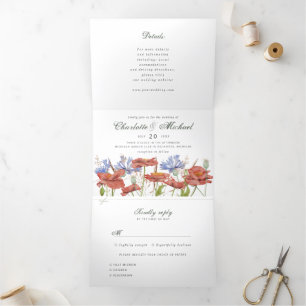 Invitación Tríptica boda de pradera de flor silvestre acuarela