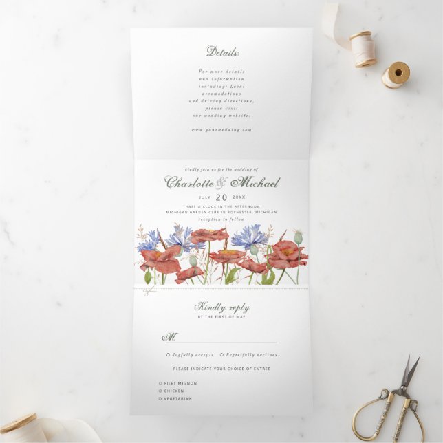 Invitación Tríptica boda de pradera de flor silvestre acuarela (Interior)