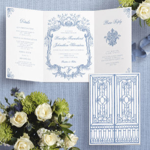 Invitación Tríptica Boda de puerta elegante azul polvoriento vintage