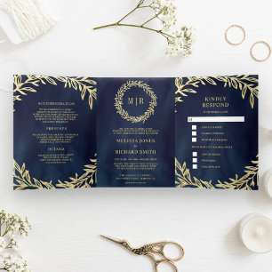 Invitación Tríptica Boda de Rama de Hoja de Oro Azul Marino Todo en Un