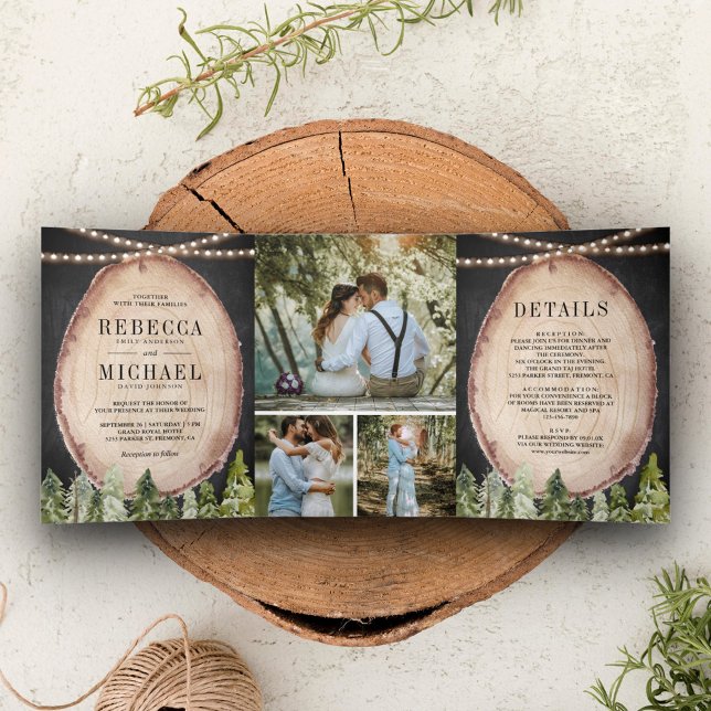 Invitación Tríptica Boda de rebanada de madera de bosque de pino rústi (Subido por el creador)