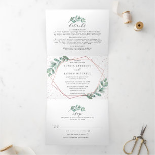 Invitación Tríptica Boda de Relieve metalizado dorado de Rosa geométri