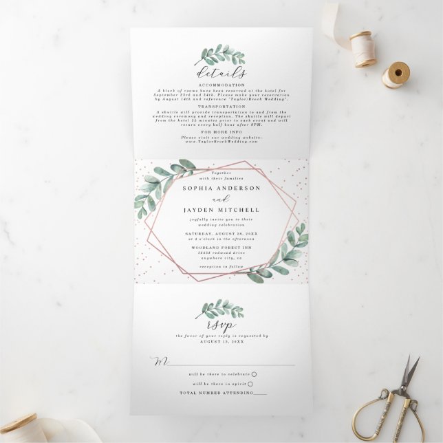 Invitación Tríptica Boda de Relieve metalizado dorado de Rosa geométri (Interior)