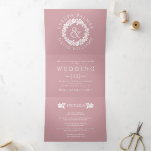 Invitación Tríptica Boda de rosa polvoriento de rosa blanca vintage