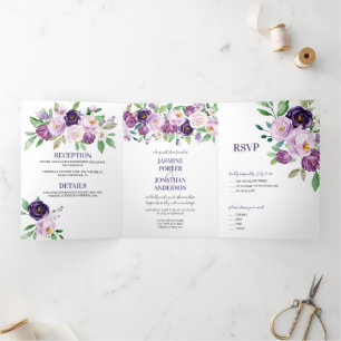 Invitación Tríptica Boda de Rosas de color morado y lavanda  
