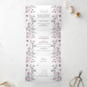 Invitación Tríptica Boda de Rosas de color violeta y rosa ruso