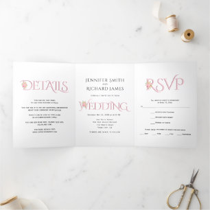 Invitación Tríptica boda de Rubor color rosa con rosas rosas rosas ros