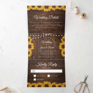 Invitación Tríptica Boda de Rustic Sunflowers String Lights