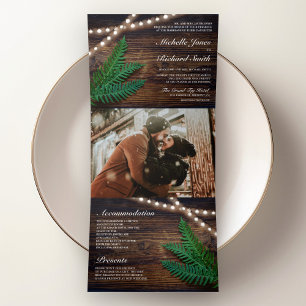 Invitación Tríptica Boda de Rústica Wood Fern Greenery String Lights