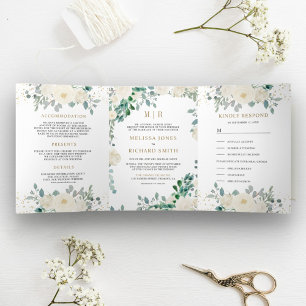 Invitación Tríptica Boda de Salvia Verde Hojas Florales de Marfil Todo