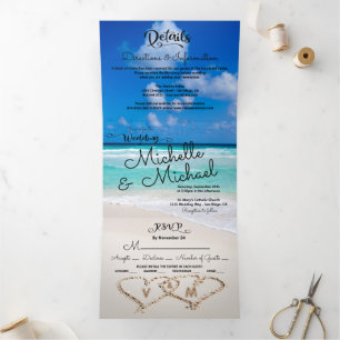 Invitación Tríptica Boda de surf Tropical Beach Hearts Ocean