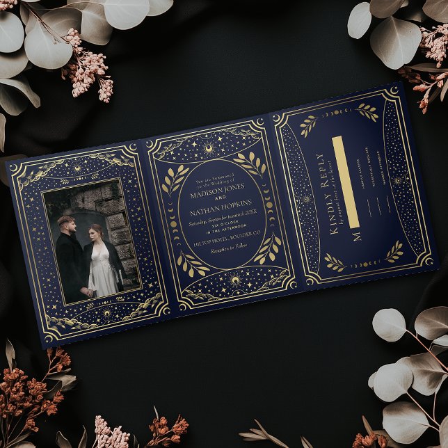 Invitación Tríptica Boda de Tarot elegante de Oro y Marina (Subido por el creador)