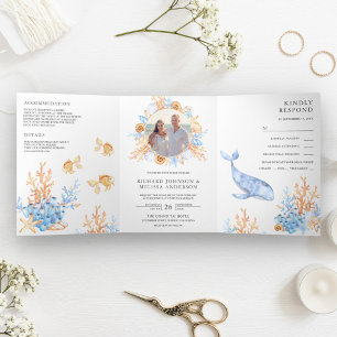 Invitación Tríptica Boda de tema náutico con acuarela bajo el mar