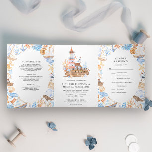 Invitación Tríptica Boda de tema náutico con faro en acuarela