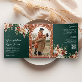 Invitación Tríptica Boda de Terracota Floral Flores Silvestres Esmeral
