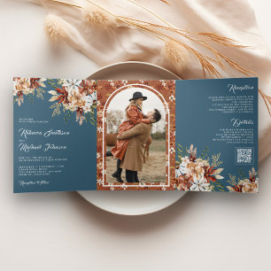 Invitación Tríptica Boda de Terracota Floral Wildflower Azul Polvorien