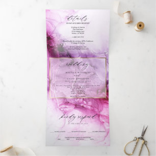 Invitación Tríptica Boda de Tinta Abstracta Fucsia Vibrante