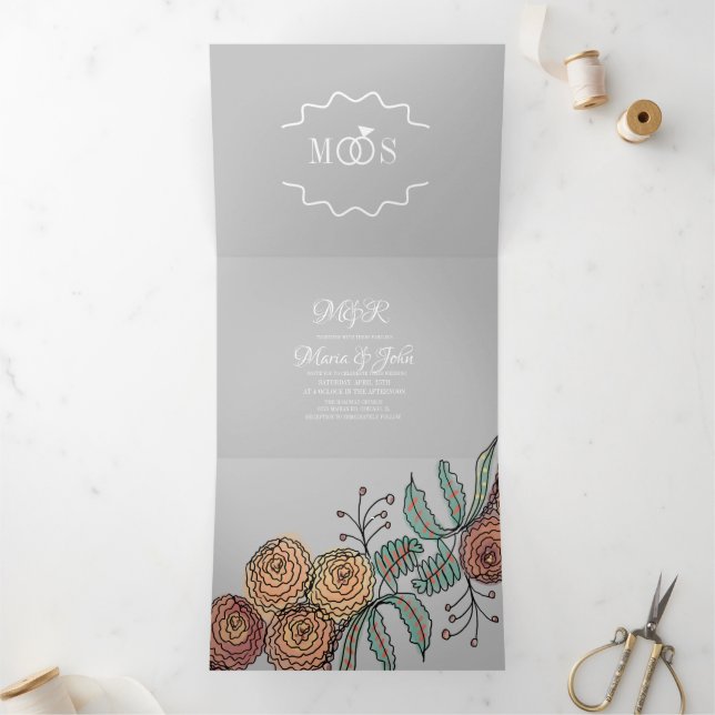 Invitación Tríptica Boda de tinta botánica de Carnation Florals modern (Interior)