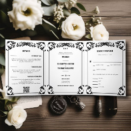 Invitación Tríptica Boda de triplicidad formal de color blanco negro o