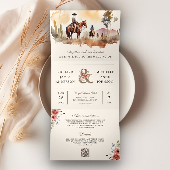 Invitación Tríptica Boda de vaquero occidental rústico todo en uno con (Subido por el creador)