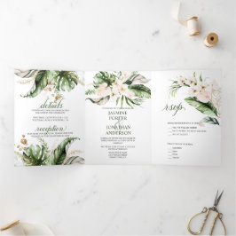 Invitación Tríptica Boda de Verdor Tropical de Oro Floral Rosa de Rubo
