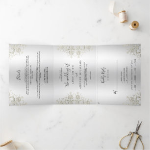 Invitación Tríptica Boda decorativa romántica plateada Damasco