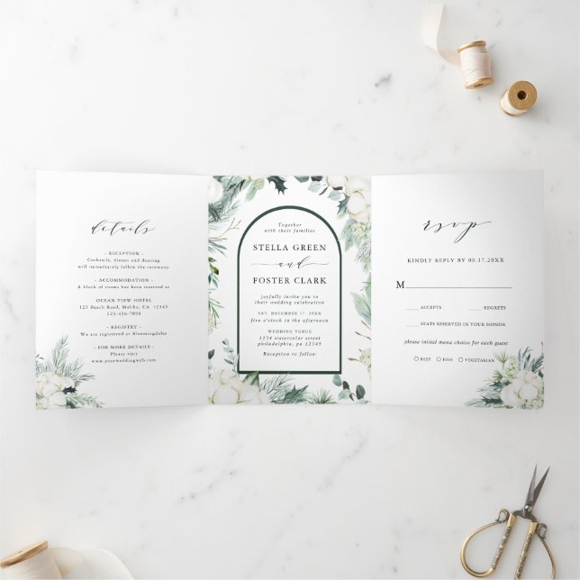 Invitación Tríptica Boda del Arco de Flores Evergreen y Cotton (Interior)