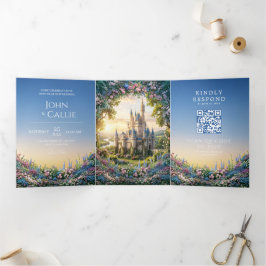 Invitación Tríptica Boda del Castillo de Cuento de Hadas con Hortensia