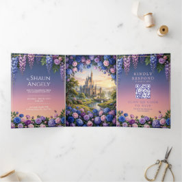 Invitación Tríptica Boda del Castillo de Cuento de Hadas Rosa Azul
