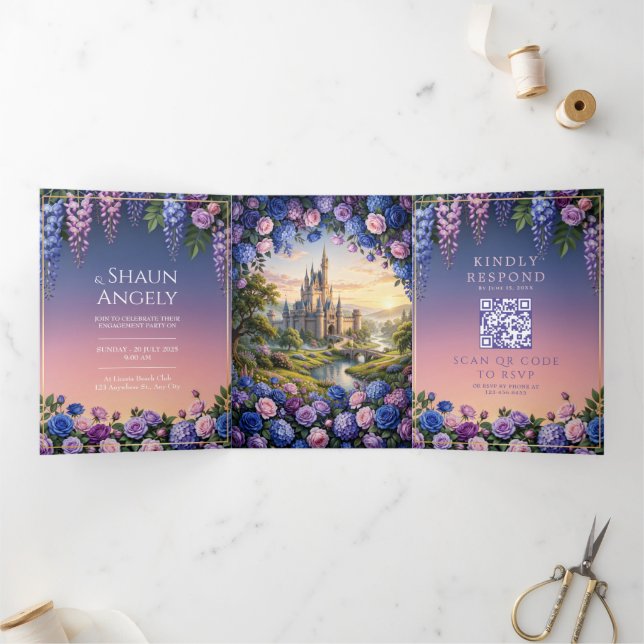 Invitación Tríptica Boda del Castillo de Cuento de Hadas Rosa Azul (Interior)