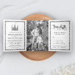 Invitación Tríptica Boda del Castillo de Historia de Plata Princesa Ca<br><div class="desc">Sorprenda a sus huéspedes con esta rústica invitación a bodas con temática de cuento de hadas, que incluye falsos bordes purpurinas y estrellas mágicas, confitadas con tipografía moderna de fondo blanco. También incluye una tarjeta RSVP desmontable. Simplemente agregue los detalles de su evento en esta plantilla fácil de usar y...</div>