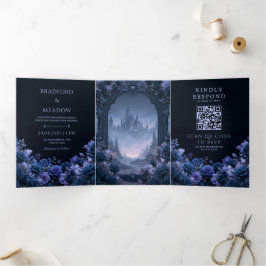 Invitación Tríptica Boda del Castillo Gótico de la Rosa Azul Medianoch